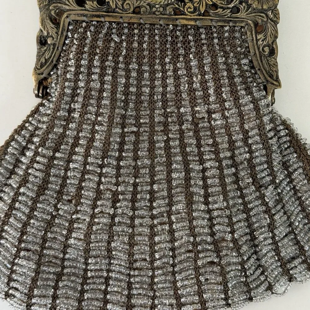 Vintage 1920's Art Deco Beaded Evening Bag Silver Gold Metal Ornate Frame Mirror